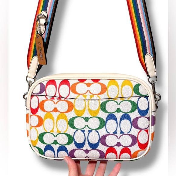 NWOT Coach Jamie Leather Camera Bag Rainbow Signature Canvas Silver/Chalk Multi - Picture 4 of 15